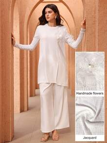 Graceveil Camiseta larga de mujer con cuello redondo, flor 3D de cuentas, estilo suelto y rejuvenecedor, con abertura lateral versátil y textura - Blanco - Ver 11