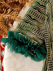 Long Three Quarter Sleeve Young Girl Dress In Green Fabric With Christmas Pattern Fringes - Green - View 5