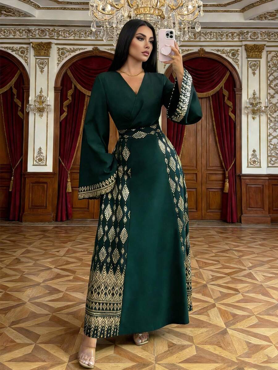 Rafferiza 方领褶裥优雅雪纺长裙，超大方领，长袖，黑金箔印花，优雅浪漫，女士秋冬/春季连衣裙 - 墨綠色 - 查看 1