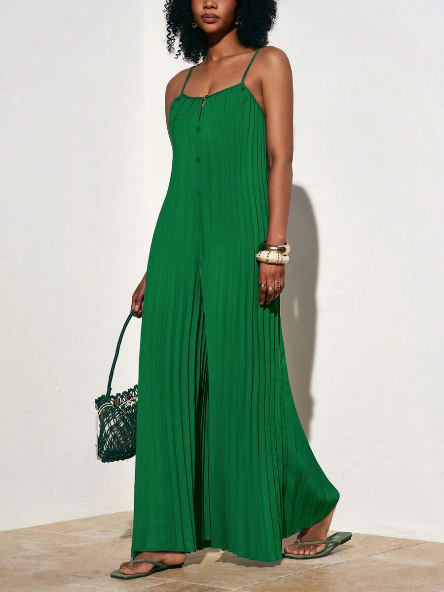 Zivah 2025春季新款音乐节、复活节、西部风、游牧风、生日派对、毕业典礼、学院风、聚会、假日郊游、优雅宴会、舞会、日常通勤、休闲、高端优雅、简约风、街头时尚褶皱装饰吊带V领侧开衩口袋梭织面料褶皱宽松阔腿连体裤