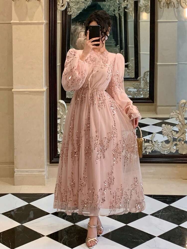 Women's V-Neck Long Sleeve Waist Cinched Textured Fabric Sequin Decor Elegant Dress Sundress