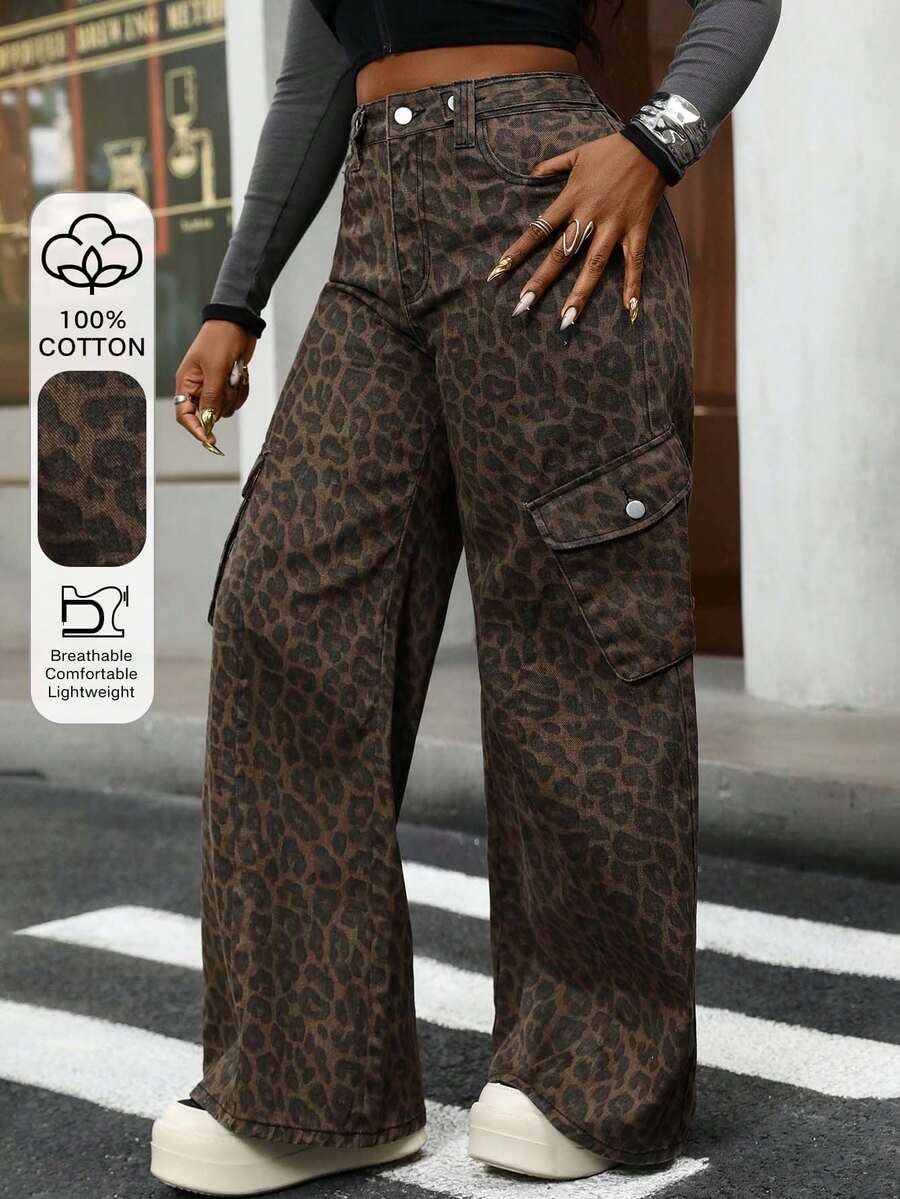 DAZY High Waist Leopard Print Cargo Pocket Women's Jeans - Beige - View 1