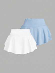 Comfortcana White + Light Blue Women Elastic Waist Ruffle Hem Casual Shorts - Baby Blue - View 2