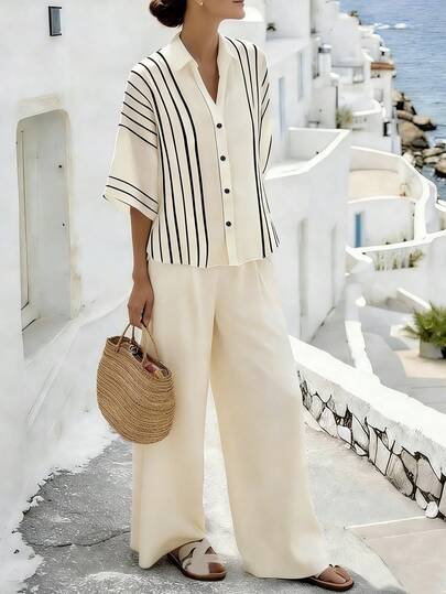 Breezaya Bộ đồ nữ mùa xuân/hè 2 món: Áo sơ mi tay ngắn cổ bẻ kẻ sọc, dáng rộng, thanh lịch, thích hợp đi làm hoặc đi nghỉ mát, kết hợp với quần ống rộng cạp chun màu be.