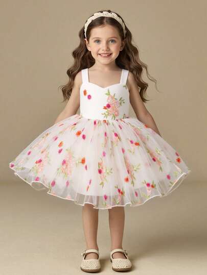 Vestido de niña de las flores, fiesta de cumpleaños, boda, vestido de princesa para bebés niñas, bordado floral, gran lazo en la espalda, falda esponjosa linda, adecuado para fiestas u ocasiones especiales, sesión de fotos para verse talla grande natural y hermosa, para todas las estaciones