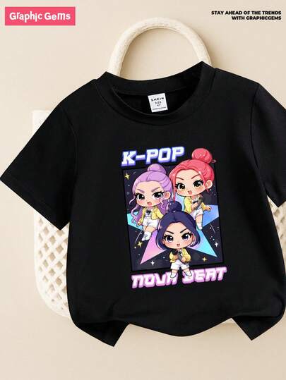 GraphicGems Young Girls' Letter & Cartoon Graphic Round Neck Short Sleeve T-Shirt, Ideal For K-Pop Fans And Everyday Wear, Black Cute Tee For Young GirlSuitable For All Seasons