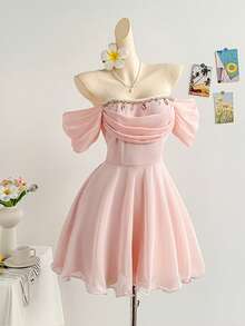 Soleia Elegant Off-Shoulder Tube Top Tie Strap Mini Princess Dress, Cream Yellow, Suitable For Afternoon Tea, Brunch, Puff Sleeves, Graduation, Wedding, Easter, Graceful - Pink - View 5