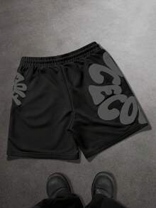 SLATEMANN Men's Summer Casual Letter Print Drawstring Waist Shorts - Black - View 5