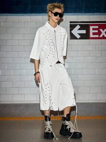 ROMWE MEN Street Life Men's Casual Minimalist White Tie-Up Shorts, Daily Wear - White - View 7