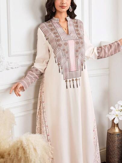 Al Najma New Notched Neck Elegant Embroidery Loose Casual Dress