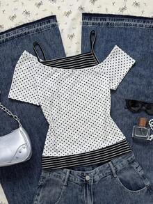 SHEIN EZwear Áo thun ngắn tay nữ kiểu dáng thường ngày, chấm bi và sọc phối màu, phong cách grunge vintage cá tính, thích hợp cho mùa hè, lễ hội âm nhạc, kỳ nghỉ, các sự kiện thể thao. - Nhiều màu - Xem 2