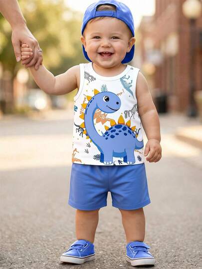 SHEIN Playful Pals Set de 2 piezas de ropa casual para niño bebé, top de chaleco con estampado de dinosaurio lindo combinado con pantalones cortos azules, adecuado para uso al aire libre en verano