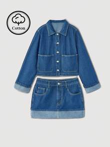 Maija 女士纯色简约长袖上衣和牛仔裙套装 - 中等水洗藍 - 查看 4