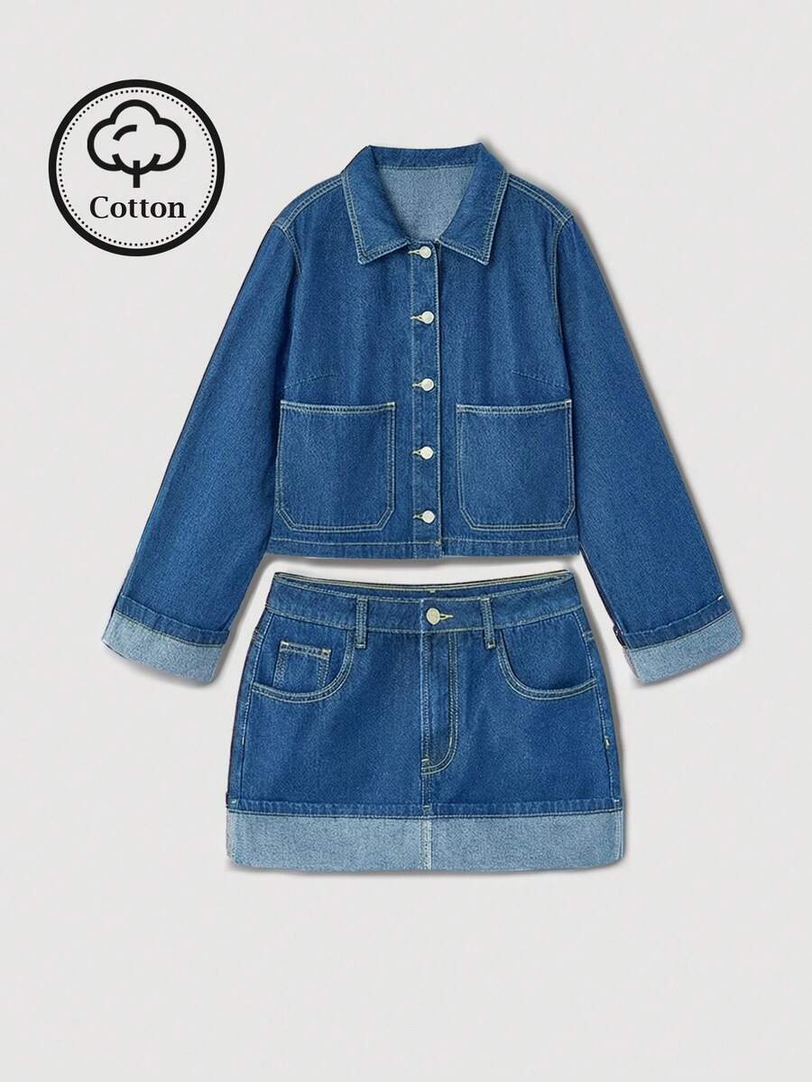 Maija 女士纯色简约长袖上衣和牛仔裙套装 - 中等水洗藍 - 查看 1