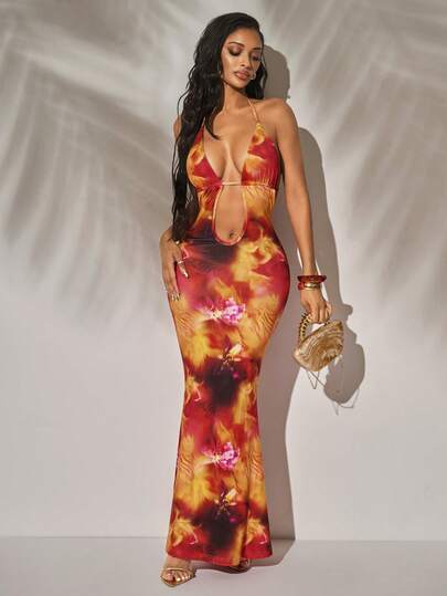 Radiana Women's Sexy Elegant Distinctive Tropical Floral Print Fitted Mermaid Maxi Dress, Sexy Backless Dress, Spaghetti Strap Dress, Hollow Low-Cut Neck Dress, Long Dress, Sexy Resort Maxi Dress, Holiday Dress, Date Dress, Suitable For Night, Date, Party, Ball, Club, Cocktail Party, Evening Party, Concert, Island Resort, Beach, Holiday Wear