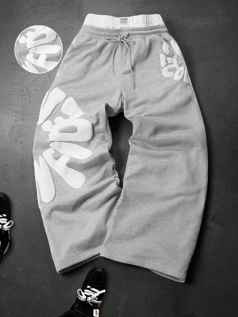 SLATEMANN 加大码男士休闲运动字母印花抽绳腰带运动裤 - 灰色 - 查看 1