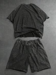 SLATEMANN Bộ đồ nam thường ngày phong cách đường phố gồm áo thun ngắn tay in chữ và quần short cạp chun, thích hợp cho mùa hè. - màu đen - Xem 2