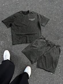 SLATEMANN Bộ đồ nam thường ngày phong cách đường phố gồm áo thun ngắn tay in chữ và quần short cạp chun, thích hợp cho mùa hè. - màu đen - Xem 7