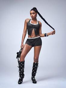 Y2Kool Vecteezy Women's Sexy Polka Dot Print Lace Trim Backless Tie Front Top And Shorts 2 Piece Set, Summer - Black and White - View 1