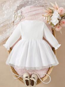 SHEIN 女嬰白色秋季優雅花童公主洋裝 泡泡袖網紗A字長裙 3D花朵裝飾與蝴蝶結 生日派對婚禮拍照禮服 - 白色 - 查看 3
