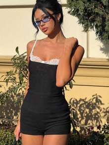 Aloruh 女士性感蕾丝拼接撞色休闲修身连体裤 - 黑色 - 查看 2