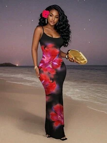 Slaydiva 女士休闲简约碎花无袖长连衣裙，适合所有季节 - 彩色 - 查看 1