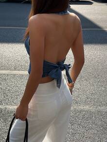 DAZY Backless Denim Unique Spaghetti Strap Cold Shoulder Cropped Camisole Tank Top For Women - Blue - View 4