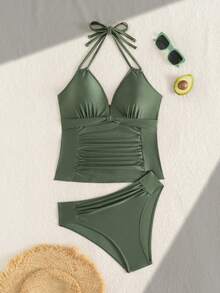 Swim Lushoire Swim Lushore-D Women Solid Color Triangle Strap Tie Back Ruched Side Bikini Swimwear Set - Army Green - View 3