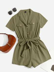 SHEIN EZwear 橄榄绿编织连体裤，女士狩猎装，女士夏季休闲连衣裙，休闲连体裤，纽扣连衣裙，女士夏季连体裤，100%纯棉服装，卡其色连衣裙，女士休闲连体裤，纽扣连衣裙，女士夏季服装，女士休闲装，女士夏季服装，女士春季服装 - 軍綠色 - 查看 5