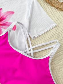 SHEIN 少女三件套比基尼泳衣，粉色撞色T恤印花泳装，吊带背心泳衣套装，适合度假、游泳、海滩穿着 - 彩色 - 查看 4
