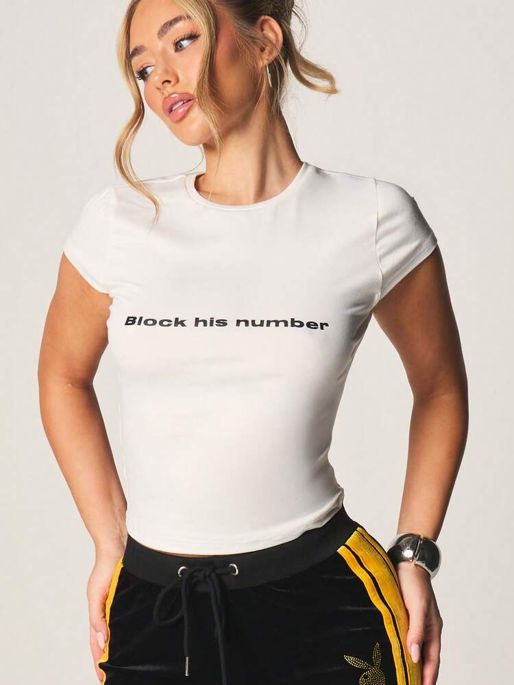 MISSGUIDED Block His Number Graphic Baby Tee Short Sleeve Fitted Crop Top Statement Text Print Crew Neck Summer Casual