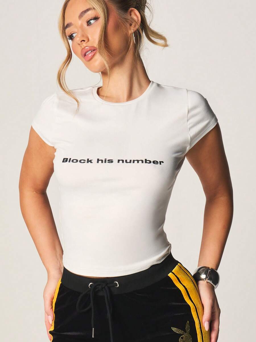 MISSGUIDED Áo thun ngắn tay ôm dáng crop top in chữ nổi bật, cổ tròn, phong cách mùa hè, thường ngày. - trắng - Xem 1