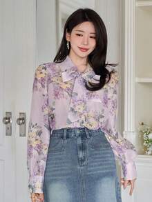 DAZY Women's Elegant Floral Print Tie Collar Blouse, Spring/Summer - Purple - View 4
