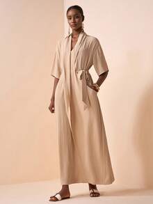 Zivah 2025春季新款卡其色梭织面料交叉裹身七分袖口袋长裙 - 卡其色 - 查看 2