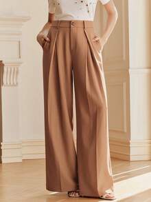 Anewsta Spring New High-End Pleated Slimming Straight-Leg Pants, Women's Wide-Leg Suit Pants - Mocha Brown - View 4
