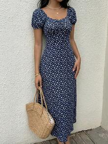 Flirla Đầm Maxi Tay Ngắn Cổ Vuông In Hoa Màu Xanh Navy Tay Phồng Thẳng Ngắn Cho Nữ - Màu xanh hải quân - Xem 7