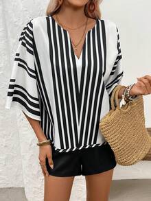 EMERY ROSE 2pcs Women Casual Patchwork V-Neck Batwing Sleeve Top And Elastic Waist Shorts Set - Multicolor - View 7