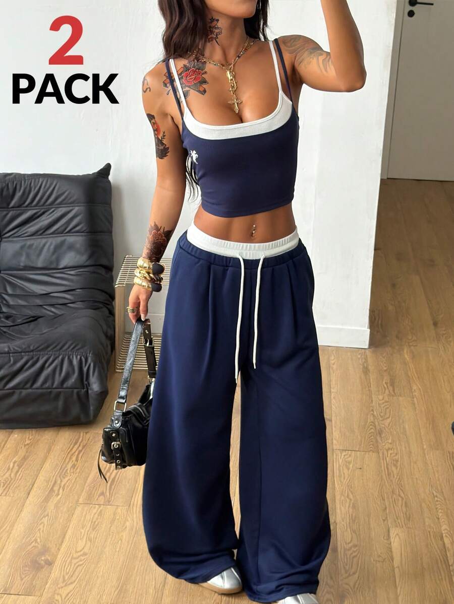 Coolane Bộ đồ thể thao nữ mùa xuân/mọi mùa gồm áo tank top và quần nỉ giả len, 2 món, thích hợp mặc đi học. - Nhiều màu - Xem 1