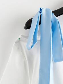 Franclia Ensemble de 2 pièces pour femmes grandes tailles : T-shirt à manches courtes avec nœud papillon et jupe imprimée fleurie. Tenue de vacances/rendez-vous - Bleu et Blanc - Voir 3