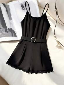 Franclia Women's Spring Wear Jumpsuit, Elegant Summer Vacation Wear Jumpsuit, Women's Elegant Party Jumpsuit, Women's Black Jumpsuit, New Spring Summer Suspender Waist Cinching Slimming Women's Lace Lace Jumpsuit - Black - View 1