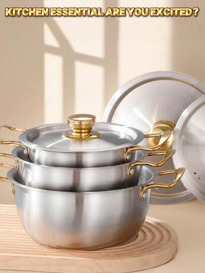 3pcs Stainless Steel Ramen Pot Set (Includes 3 Different Sized Pots: Small Size Can Be Used As Rice Mixing Pot, Food Pot, Etc. Medium Size Can Be Used As Ramen Pot, 2-Person Soup Pot. Large Size Can Be Used As Family Soup Pot, Small Hotpot)