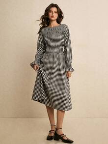 Poéselle Women's Elegant Commuter Plaid Midi Cotton Dress, Plaid Dress Women, Gingham Dress, Checkered Dress - Black and White - View 6
