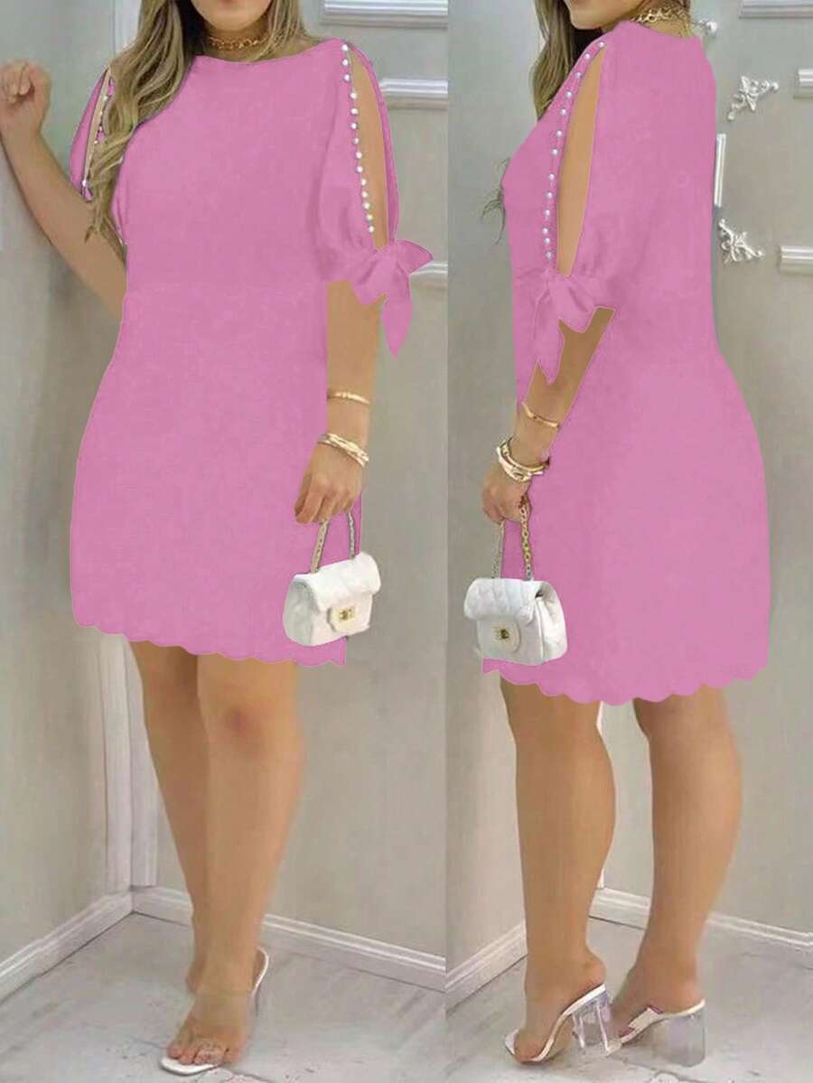 Selianne Women's Solid Color Round Neck Off-Shoulder Faux Pearl Rhinestone Casual Mini Dress For Dates And Outings - Pink - View 1