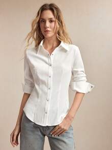 BizChic Solid Color Waist-Cinching Blouse, Business Formal Minimalist Commute Office Social Independence Day Graduation Season Music Festival Slimming Summer Date Daily Vacation Party Wedding Guest Outing Beach Gathering Holiday Shopping Afternoon Tea Travel - White - View 6