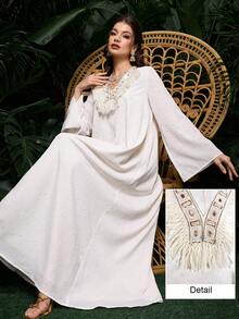 Al Najma V-Neck Fringed Embroidered Elegant Loose Long Sleeve Dress For Women - Apricot - View 4