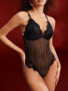 EmpressEnvy 1 pieza Mono sexy de mujer con rayas verticales de encaje, de alta gama - Negro - Ver 4
