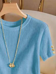 Franclia Elegant Round Neck Knit T-Shirt, Minimalist Fashion Knit Top, Spring/Summer - Blue - View 4