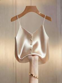 Franclia Women's Minimalist Commuter Open Front Button Knit Camisole Vest With Asymmetrical Hem - Apricot - View 1