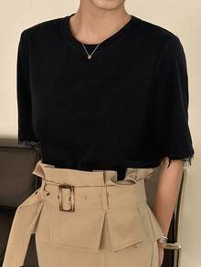 DAZY 女士圆领蕾丝拼接袖口宽松套头衫休闲优雅T恤 - 黑色 - 查看 8