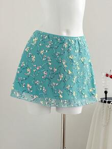 Elamini Falda corta de paraguas bordada en malla de estilo chino sexy, minifalda de verano para mujer - Azul - Ver 5